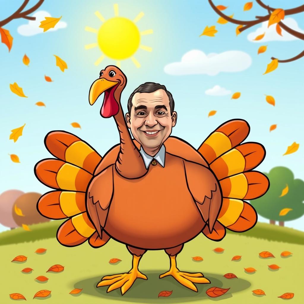 A comical and whimsical cartoon of a turkey, adorned with bright, colorful feathers and a plump body