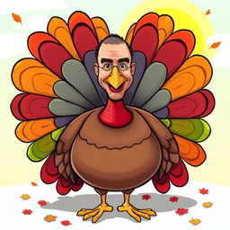 A comical and whimsical cartoon of a turkey, adorned with bright, colorful feathers and a plump body