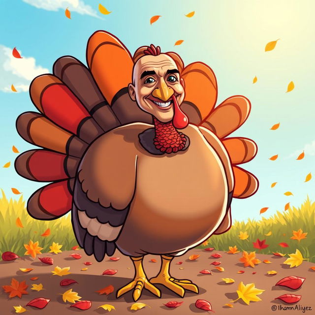 A comical and whimsical cartoon of a turkey, adorned with bright, colorful feathers and a plump body