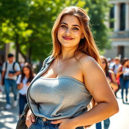 A beautiful voluptuous young woman with very large round breasts, wearing stylish casual attire typical of a university student
