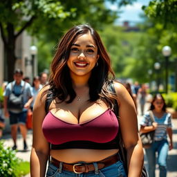 A beautiful voluptuous young woman with very large round breasts, wearing stylish casual attire typical of a university student