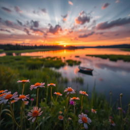A sunset over a tranquil lake surrounded by lush greenery, with vibrant oranges and purples reflecting on the water