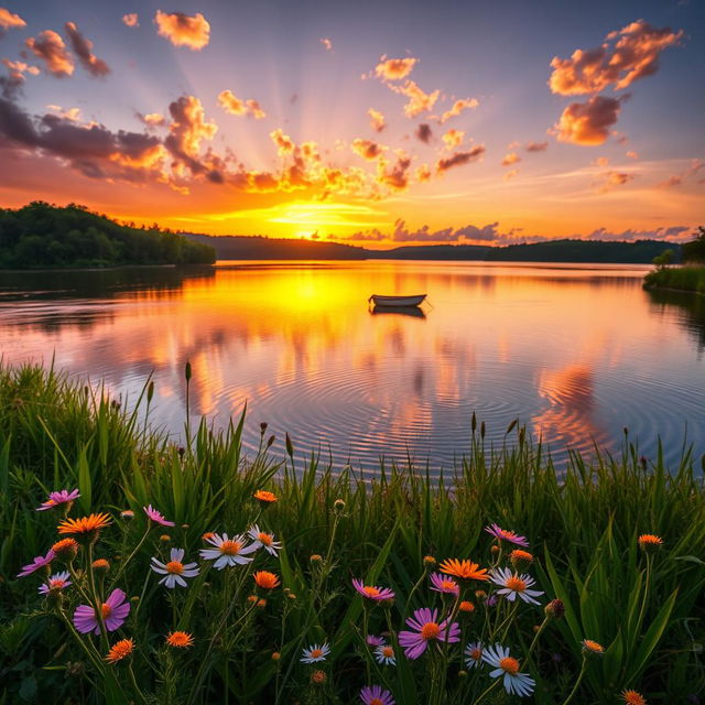 A sunset over a tranquil lake surrounded by lush greenery, with vibrant oranges and purples reflecting on the water