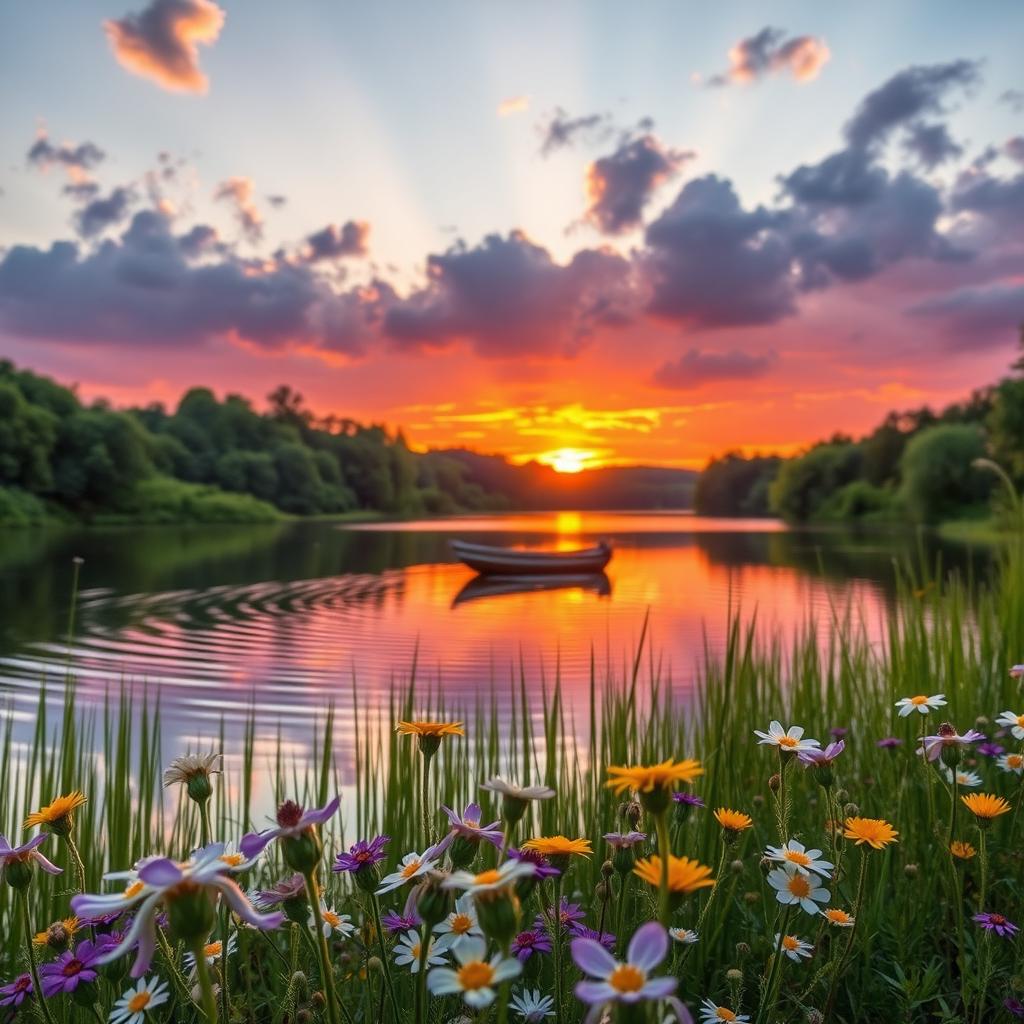 A sunset over a tranquil lake surrounded by lush greenery, with vibrant oranges and purples reflecting on the water