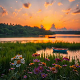 A sunset over a tranquil lake surrounded by lush greenery, with vibrant oranges and purples reflecting on the water
