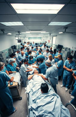 A dramatic scene depicting a busy hospital emergency room filled with medical staff in action