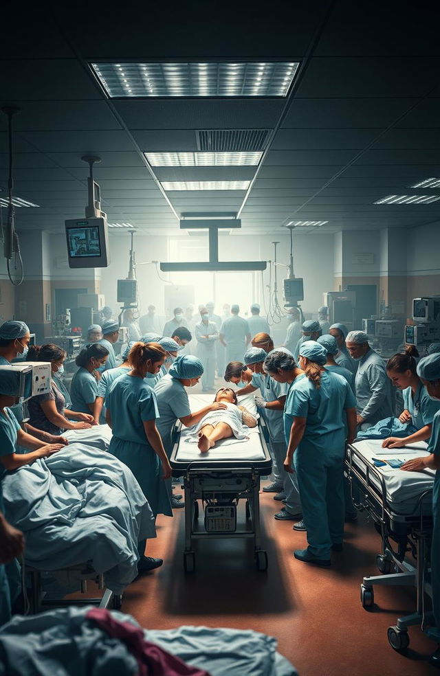 A dramatic scene depicting a busy hospital emergency room filled with medical staff in action