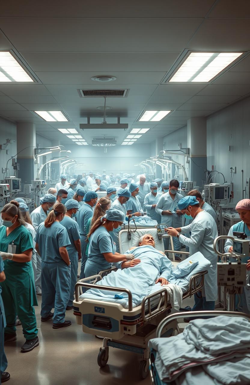 A dramatic scene depicting a busy hospital emergency room filled with medical staff in action