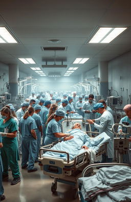 A dramatic scene depicting a busy hospital emergency room filled with medical staff in action