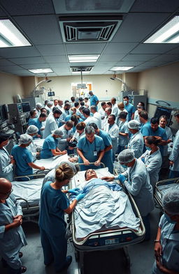 A dramatic scene depicting a busy hospital emergency room filled with medical staff in action