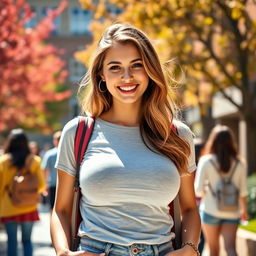 A stunningly attractive young woman with very large, round breasts, dressed in fashionable casual wear suitable for a British university student