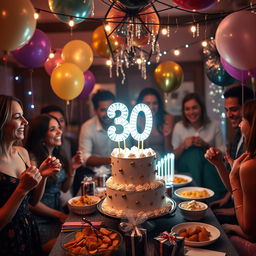 A festive and elegant 30th birthday celebration scene, featuring a beautifully decorated birthday cake with the number '30' on top, colorful balloons, and sparkling party decorations