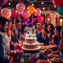 A festive and elegant 30th birthday celebration scene, featuring a beautifully decorated birthday cake with the number '30' on top, colorful balloons, and sparkling party decorations