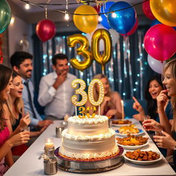 A festive and elegant 30th birthday celebration scene, featuring a beautifully decorated birthday cake with the number '30' on top, colorful balloons, and sparkling party decorations