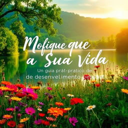 A beautiful, inspirational image featuring a serene landscape, with a soft sunrise illuminating a tranquil lake surrounded by lush green trees