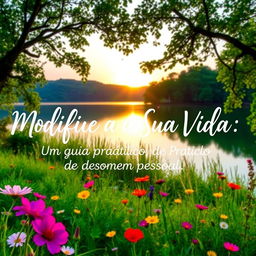 A beautiful, inspirational image featuring a serene landscape, with a soft sunrise illuminating a tranquil lake surrounded by lush green trees