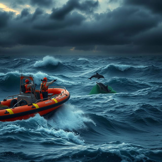 A dramatic depiction of a dark, stormy ocean with high waves cresting under a moody, cloudy evening sky