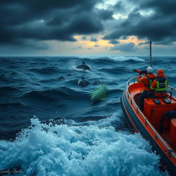 A dramatic depiction of a dark, stormy ocean with high waves cresting under a moody, cloudy evening sky