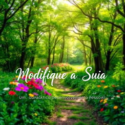 A serene and inspiring landscape featuring a winding path through a lush green forest, with soft sunlight filtering through the leaves