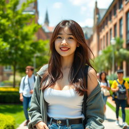 A beautiful young woman with very large, round breasts, blending British and South Korean fashion styles