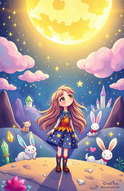 A vibrant and whimsical illustration of a fantastical adventure in a moonlit landscape, featuring Luna, a brave and playful character with long flowing hair, exploring the enchanting realm of the moon