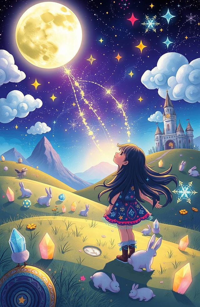 A vibrant and whimsical illustration of a fantastical adventure in a moonlit landscape, featuring Luna, a brave and playful character with long flowing hair, exploring the enchanting realm of the moon