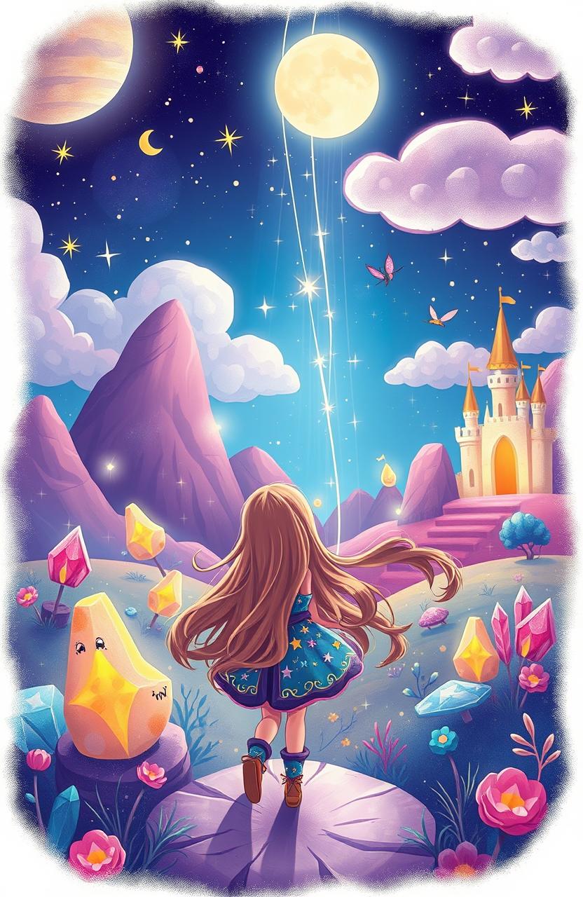 A vibrant and whimsical illustration of a fantastical adventure in a moonlit landscape, featuring Luna, a brave and playful character with long flowing hair, exploring the enchanting realm of the moon