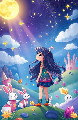 A vibrant and whimsical illustration of a fantastical adventure in a moonlit landscape, featuring Luna, a brave and playful character with long flowing hair, exploring the enchanting realm of the moon