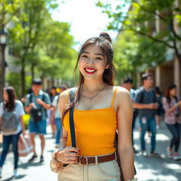 A beautiful young woman with very large, round breasts, showcasing a blend of British and South Korean fashion as a university student