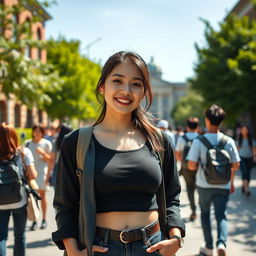 A beautiful young woman with very large, round breasts, showcasing a blend of British and South Korean fashion as a university student