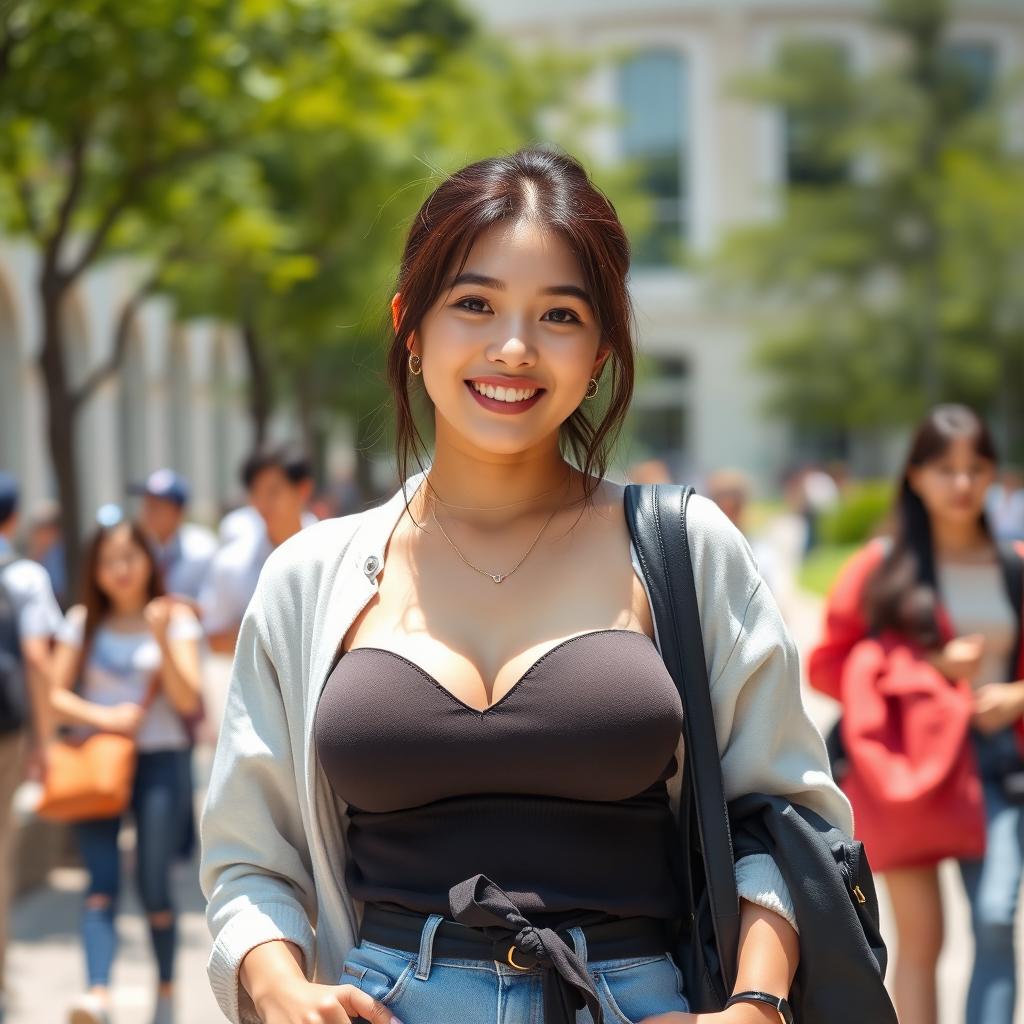 A beautiful young woman with very large, round breasts, showcasing a blend of British and South Korean fashion as a university student