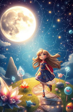 A whimsical and enchanting landscape depicting Luna, a courageous girl with long flowing hair, embarking on an adventure in the mystical Land of the Moon