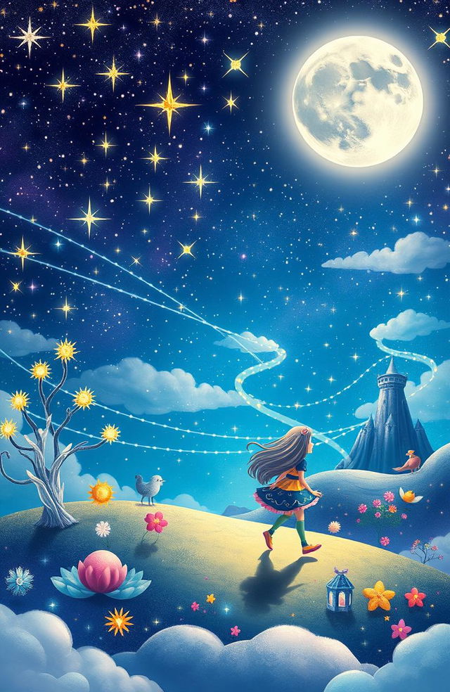 A whimsical and enchanting landscape depicting Luna, a courageous girl with long flowing hair, embarking on an adventure in the mystical Land of the Moon