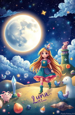 A whimsical and enchanting landscape depicting Luna, a courageous girl with long flowing hair, embarking on an adventure in the mystical Land of the Moon