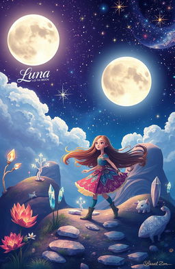 A whimsical and enchanting landscape depicting Luna, a courageous girl with long flowing hair, embarking on an adventure in the mystical Land of the Moon