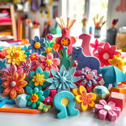 A beautifully arranged collection of crafted items made from colorful styrofoam, displaying intricate designs and patterns