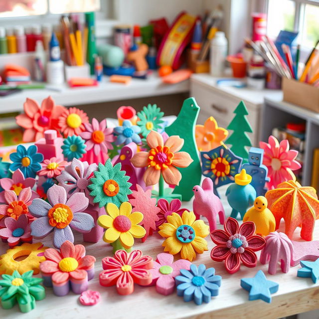 A beautifully arranged collection of crafted items made from colorful styrofoam, displaying intricate designs and patterns