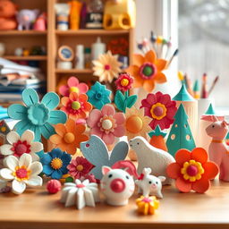 A beautifully arranged collection of crafted items made from colorful styrofoam, displaying intricate designs and patterns