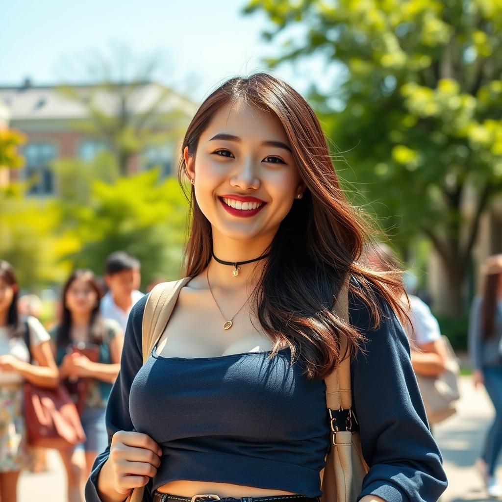 A stunning young woman with very large, round breasts, combining British and South Korean fashion elements