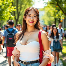 A stunning young woman with very large, round breasts, combining British and South Korean fashion elements