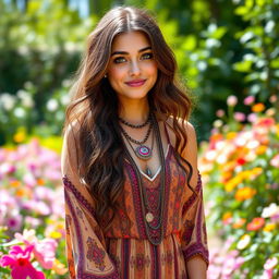 A vibrant and colorful portrait of Melany Lopez, a young woman with long wavy brown hair and bright green eyes