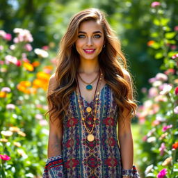 A vibrant and colorful portrait of Melany Lopez, a young woman with long wavy brown hair and bright green eyes