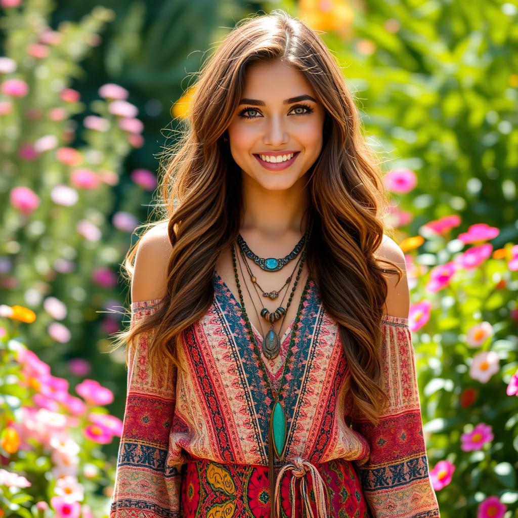A vibrant and colorful portrait of Melany Lopez, a young woman with long wavy brown hair and bright green eyes
