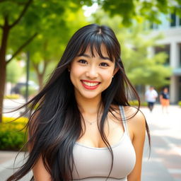 A beautiful South Korean-English female university student with large, round breasts, playfully flirtatious and confident