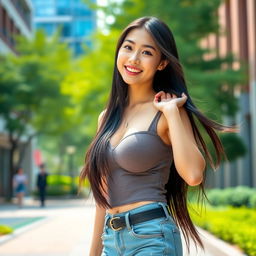 A beautiful South Korean-English female university student with large, round breasts, playfully flirtatious and confident