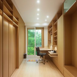 Visualize a 15-feet long and 10-feet wide room with two large windows on adjacent walls. It offers ample walking space, a study table, a place for a television, a wall-mounted bookshelf, and a spacious wardrobe.