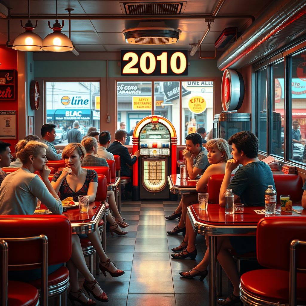 A captivating scene set in a retro diner, showcasing a vibrant 2010 atmosphere, with vintage decor and stylish retro furnishings