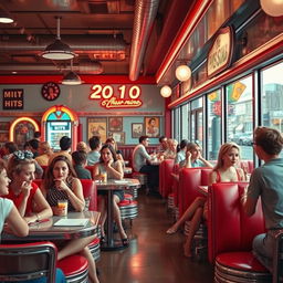 A captivating scene set in a retro diner, showcasing a vibrant 2010 atmosphere, with vintage decor and stylish retro furnishings