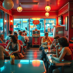 A captivating scene set in a retro diner, showcasing a vibrant 2010 atmosphere, with vintage decor and stylish retro furnishings