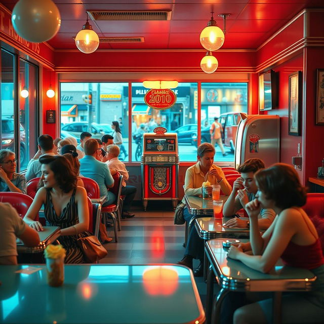 A captivating scene set in a retro diner, showcasing a vibrant 2010 atmosphere, with vintage decor and stylish retro furnishings